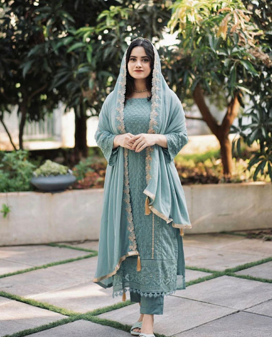 Heavy Faux Georgette With Embroidery 5 mm Sequence Work With Gpu Lace Border With Fancy Bell Sleeve Sky Blue Kurti