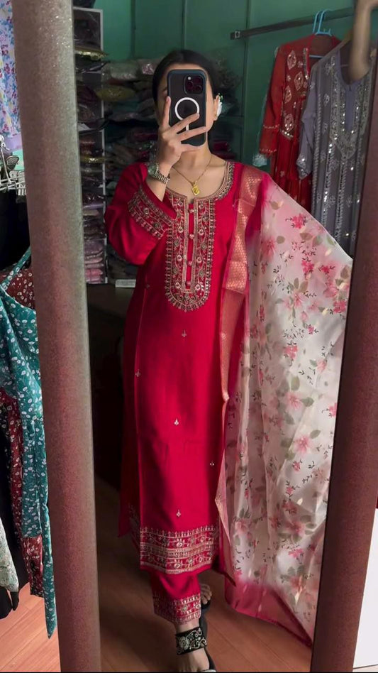 Pure Heavy Chinnon Silk With Heavy Embroidery Sequence Work Kurti Set With Full Sleeve