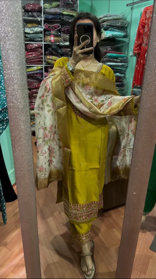 Pure Heavy Chinnon Silk With Heavy Embroidery Sequence Work Kurti Set With Full Sleeve