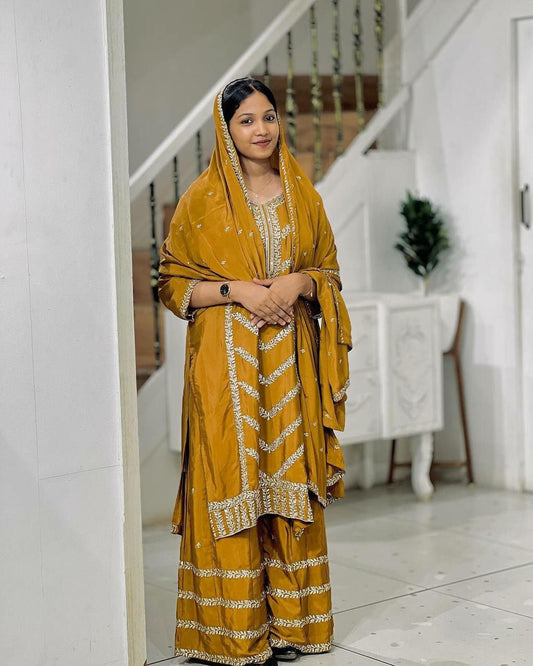 Pure Chinon Silk With Embroidery 5 mm Sequence Work With Sleeves Yellow Kurti Set