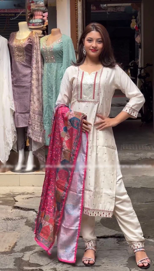 Heavy Chinon Silk With Heavy Malty Thread Embroidery Sequence Work* With Full Sleeve White Kurti