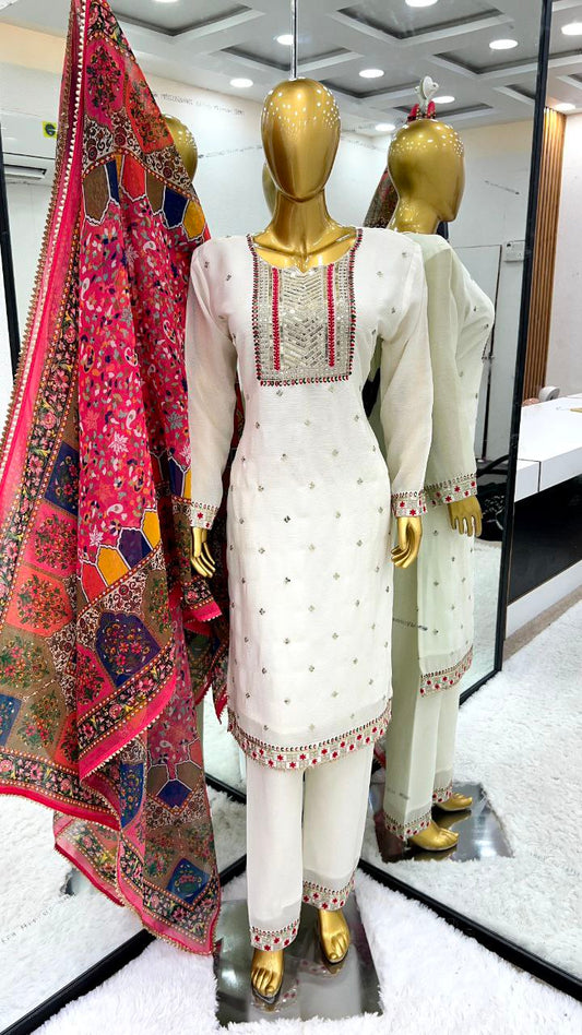 Heavy Chinon Silk With Heavy Malty Thread Embroidery Sequence Work* With Full Sleeve White Kurti