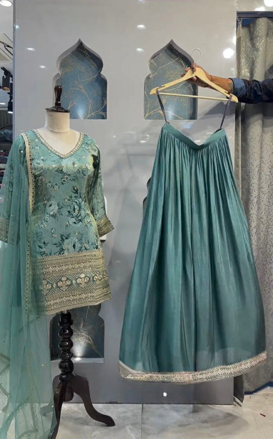 Hevay Pure Chinon Silk With Heavy Embroidery 5mm Sequence Work And Digital Print. (Fully Sleeve’s) Kurti And Sharara Pair