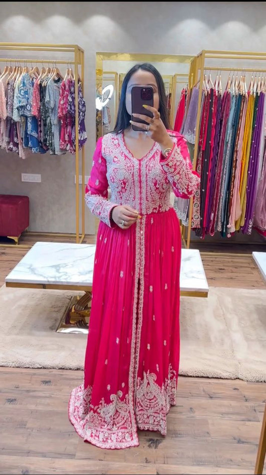 Faux Georgette With Full Heavy Embroidery Sequence Work with Sleeve Gown