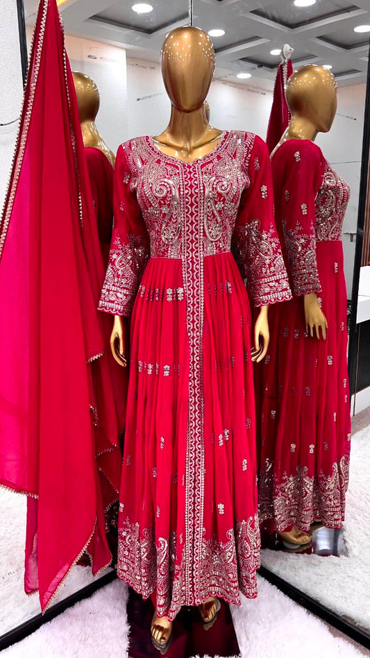 Faux Georgette With Full Heavy Embroidery Sequence Work with Sleeve Gown
