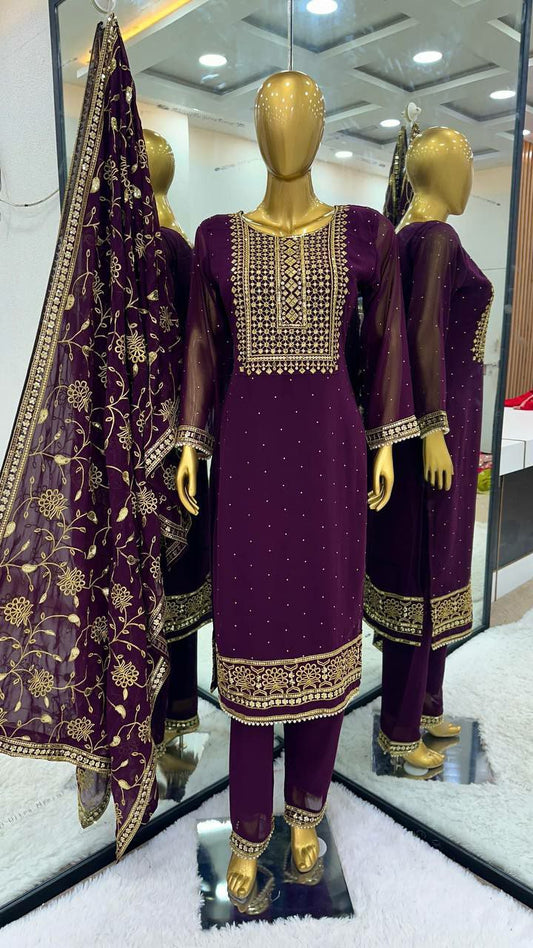 Heavy Faux Georgette With Heavy Embroidery Sequence Work with Dimond Handwork And Full Sleeve Kurti Set