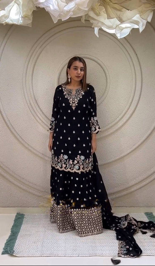 Heavy Chinon Silk With Malty Thread Embroidery Sequence Work with Sleeve&nbsp; Kurti Set
