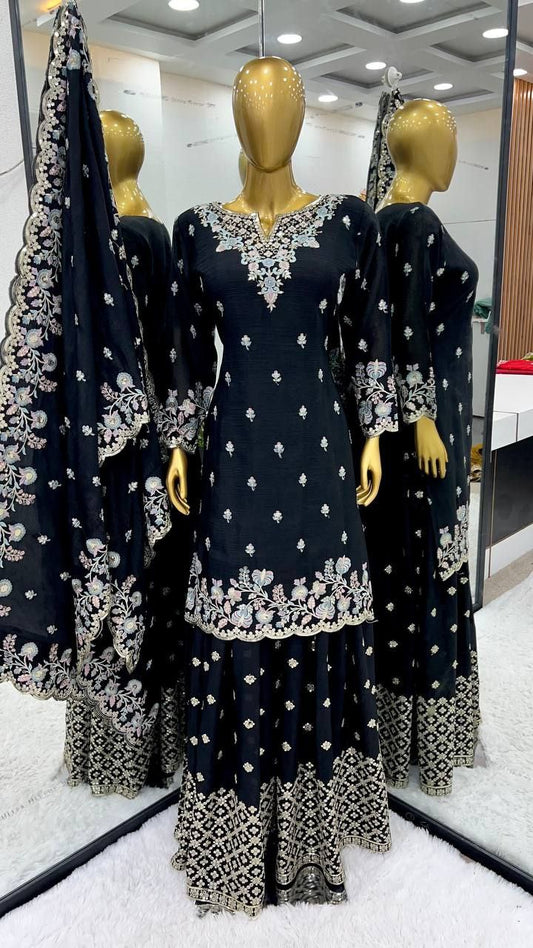 Heavy Chinon Silk With Malty Thread Embroidery Sequence Work with Sleeve&nbsp; Kurti Set