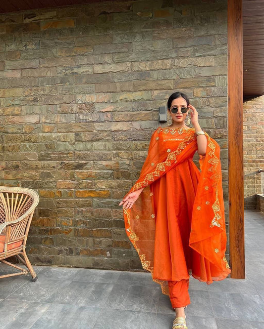 New Stylish Orange Round Kurti Work For Women