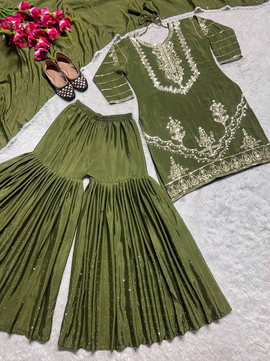 Hevay Pure Chinon Silk With Heavy Embroidery 5mm Sequence Work. (Fully Sleeve’s) Sharara Set