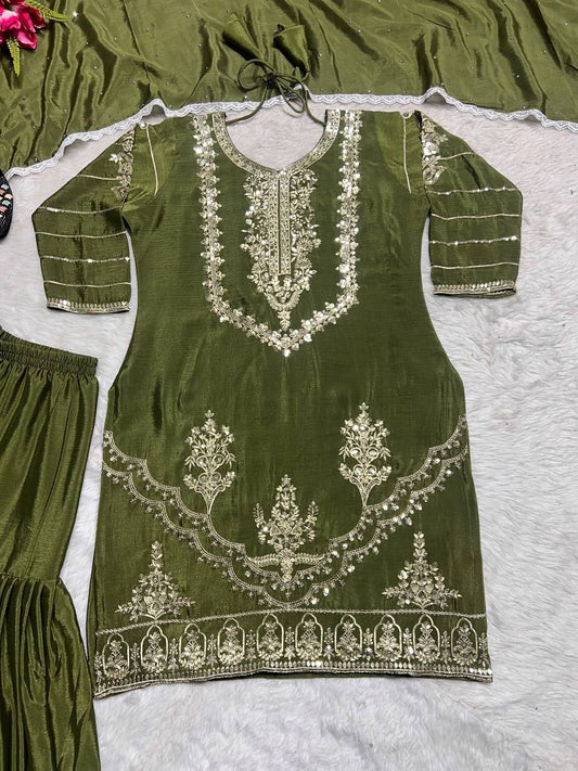 Hevay Pure Chinon Silk With Heavy Embroidery 5mm Sequence Work. (Fully Sleeve’s) Sharara Set