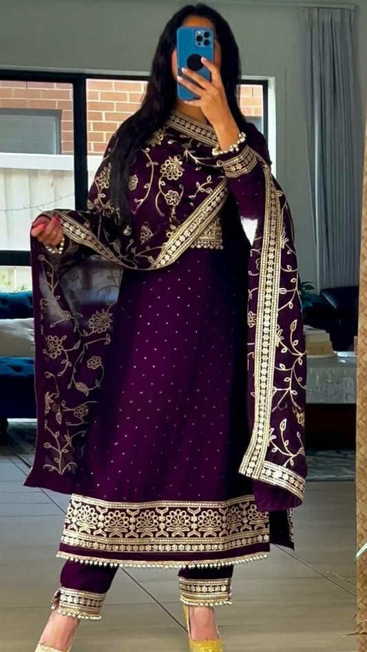 Hevay Pure Chinon Silk With Heavy Embroidery 5mm Sequence Work And *Hand Work Diamond Work &nbsp;(Fully Sleeve’s) Long Kurti Set