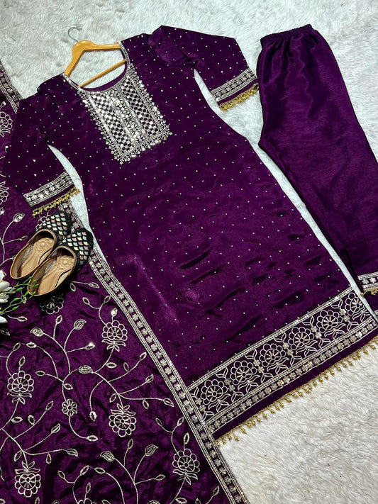 Hevay Pure Chinon Silk With Heavy Embroidery 5mm Sequence Work And *Hand Work Diamond Work &nbsp;(Fully Sleeve’s) Long Kurti Set