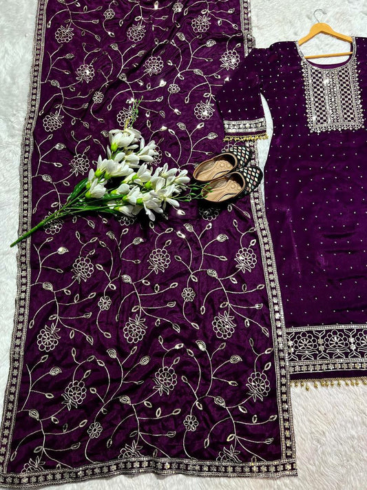 Hevay Pure Chinon Silk With Heavy Embroidery 5mm Sequence Work And *Hand Work Diamond Work &nbsp;(Fully Sleeve’s) Long Kurti Set
