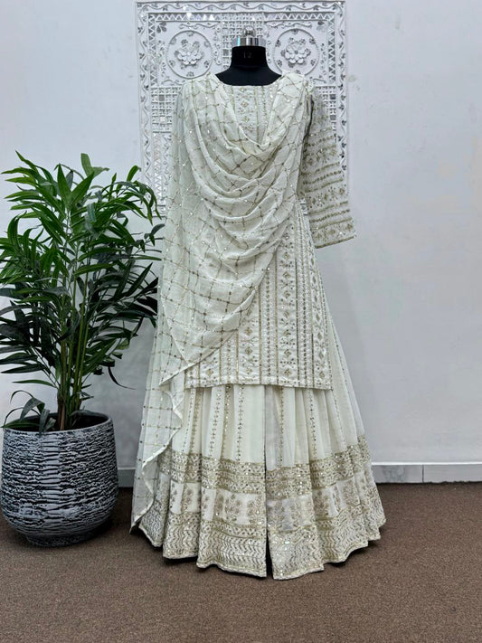 faux Georgette And Full Sleeve With Work White Kurti Set