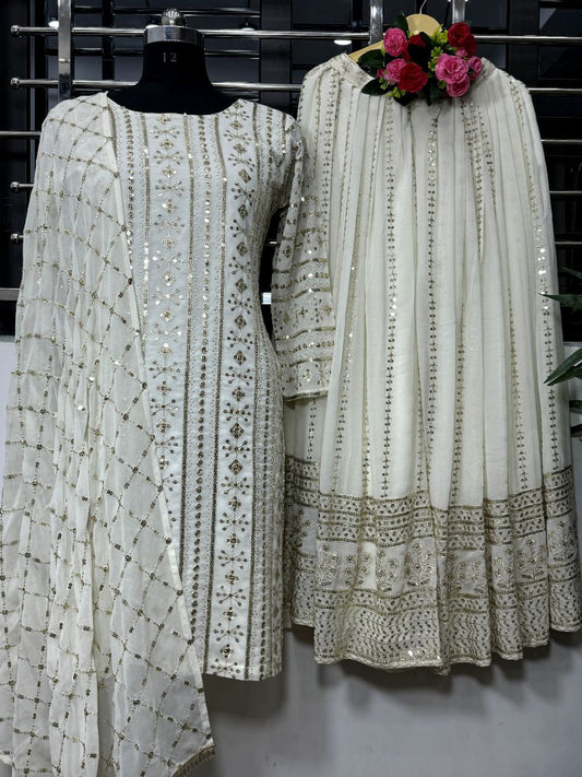faux Georgette And Full Sleeve With Work White Kurti Set