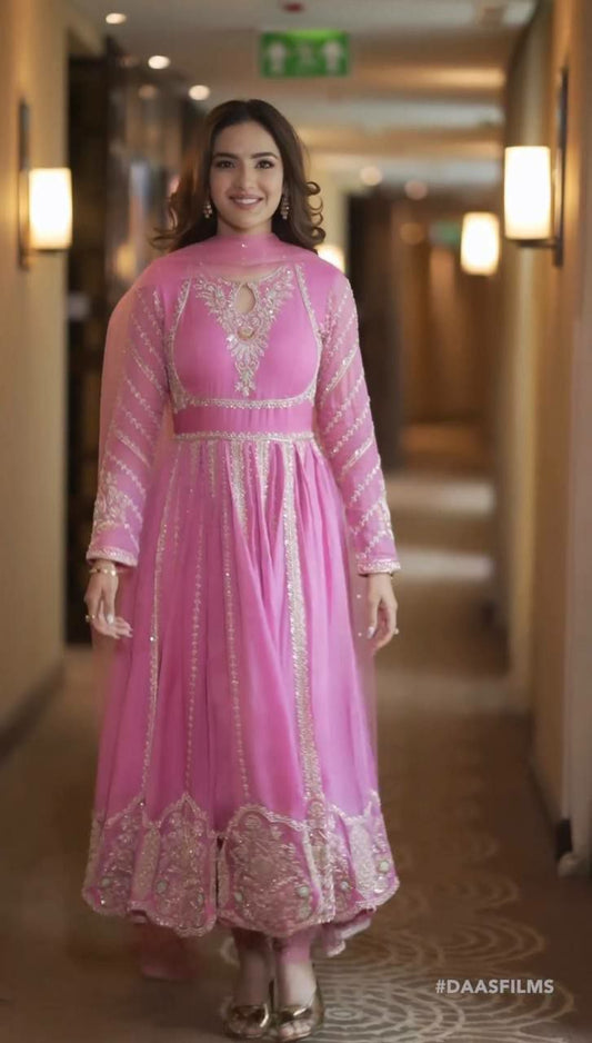 Faux Georgette With Full Heavy Embroidery Sequence Work with Sleeve Gown