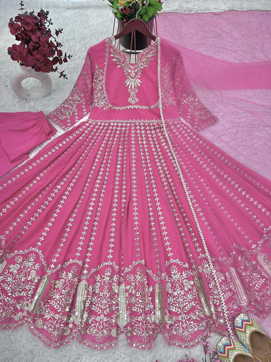 Faux Georgette With Full Heavy Embroidery Sequence Work with Sleeve Gown