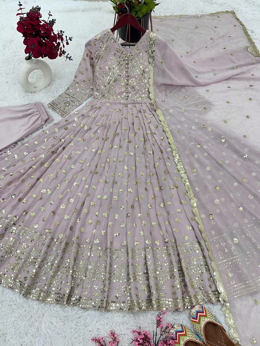 Faux Georgette With full Heavy Embroidery Sequence Work with Sleeve Gown