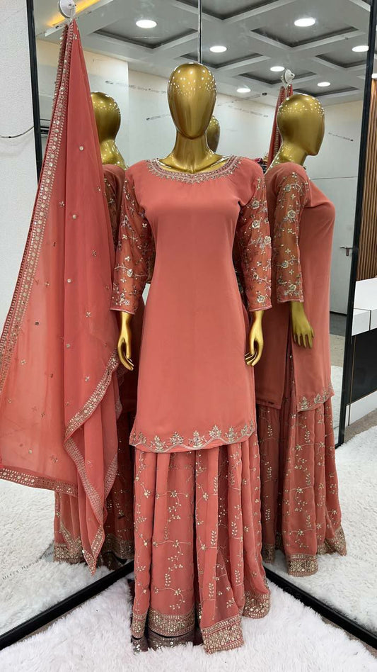 Heavy Faux Georgette With 5mm Embroidery Sequence Work With Full Sleeve Kurti Set
