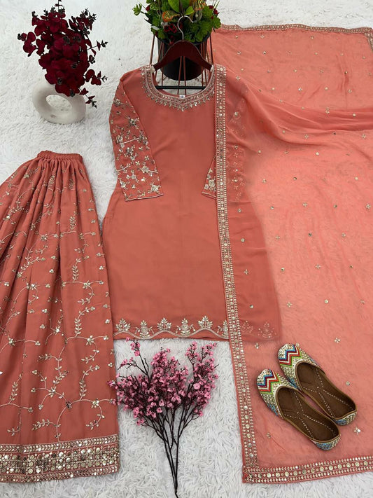 Heavy Faux Georgette With 5mm Embroidery Sequence Work With Full Sleeve Kurti Set