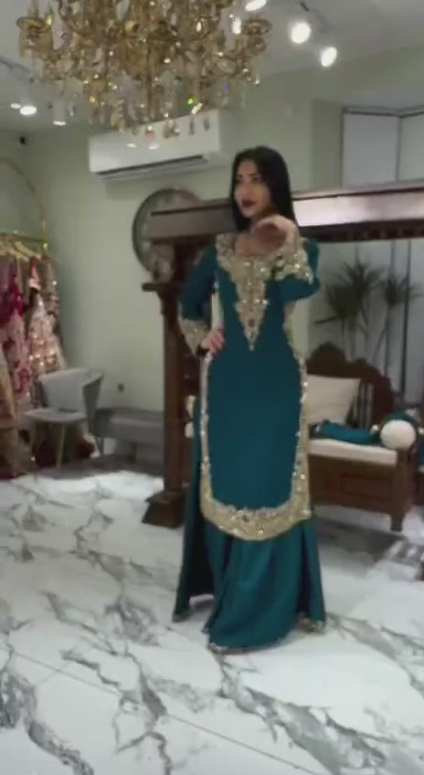 Teal Blue Georgette Sharara Suit Set - Heavy Gold Zari Embroidery - Designer Indian Wedding Wear - Festive Salwar Kameez with Fringed Dupatta
