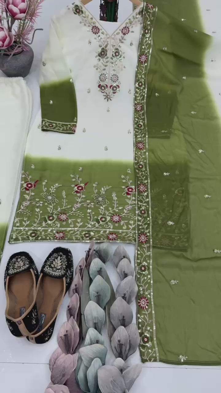 Designer Dual-Tone Embroidered Suit with Mirror Work - White & Olive Green Shaded Kurti with Dupatta - Traditional Indian Party Wear - Ethnic Dress Set
