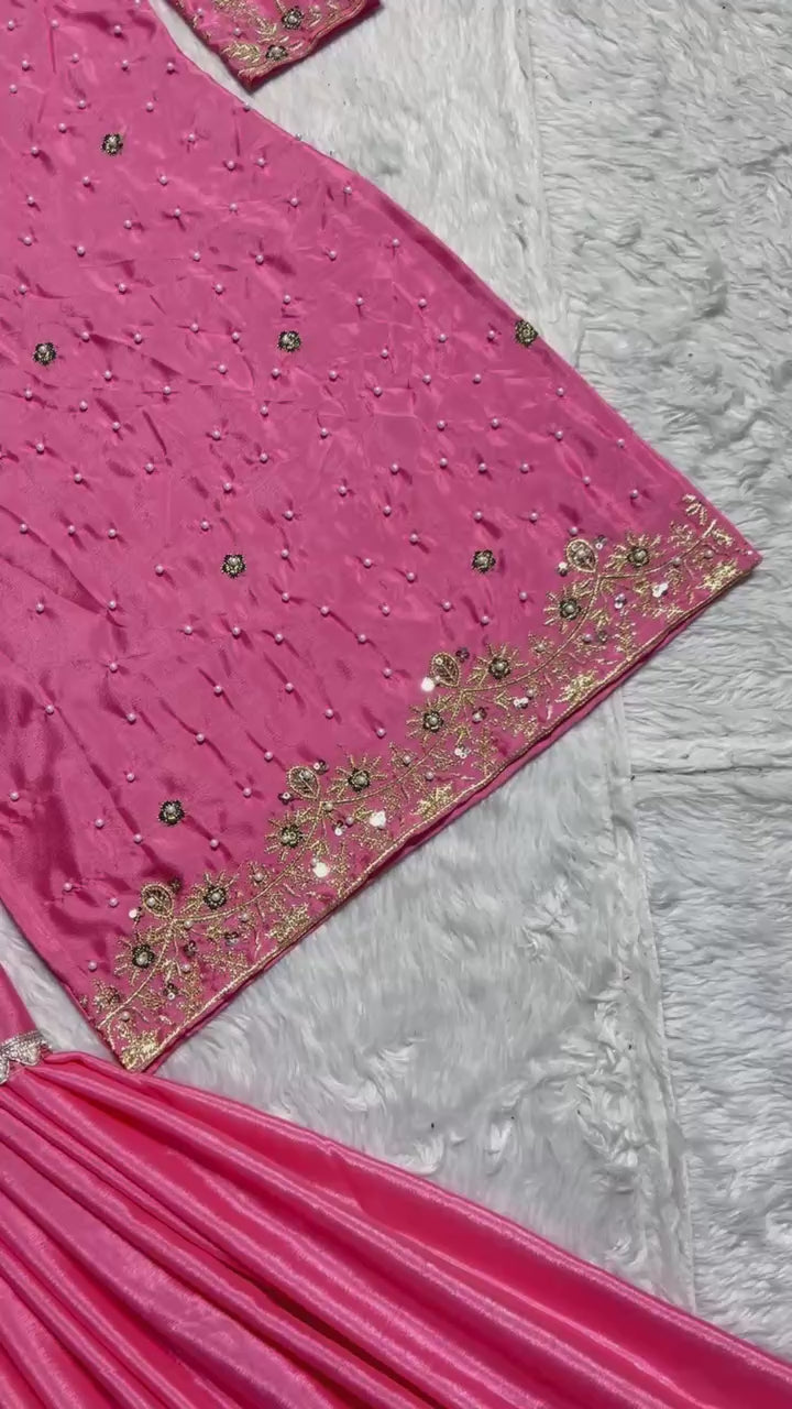 Elegant Pink Silk Sharara Suit with Intricate Neckline Embroidery - Traditional Ethnic Wear for Festivals and Weddings - Pakistani Style Party Wear
