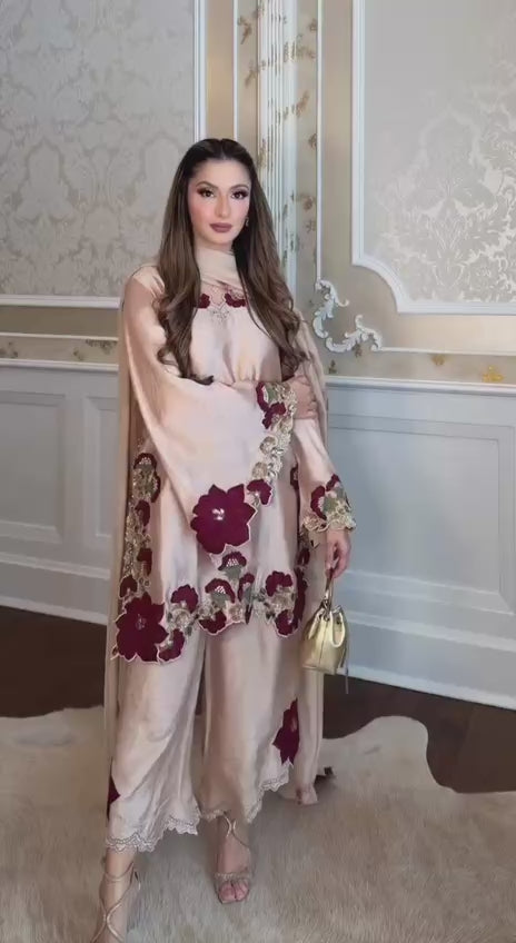 Royal Beige Silk Co-ord Set with Bold Maroon Floral Appliqué