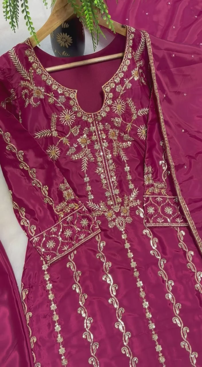 Chic Magenta Embroidered Silk Set | High-Fashion Traditional Wardrobe Essential | Sophisticated Suit with Intricate Golden Needlework