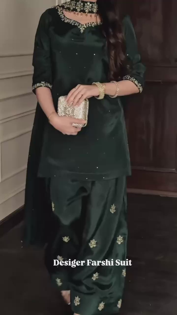 Designer Emerald Green Sharara Set - Heavy Mirror Work Salwar Suit - Traditional Indian Ethnic Apparel for Women
