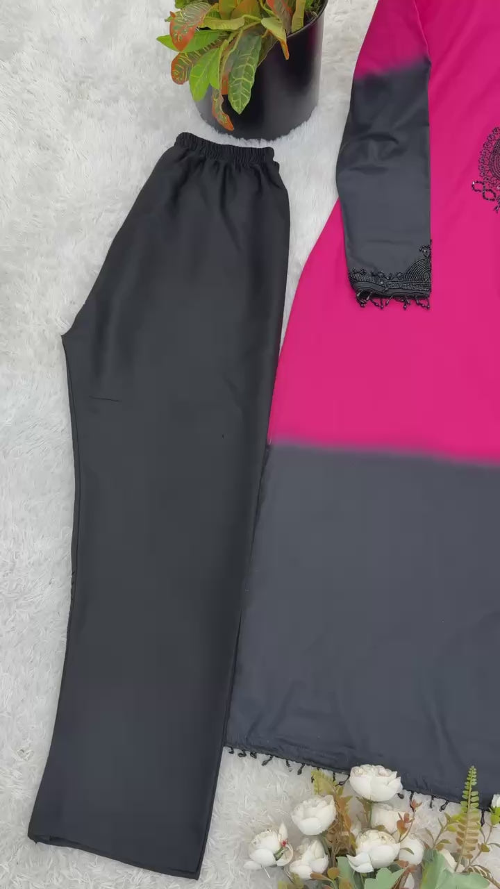 Designer Dual-Tone Embroidered Suit - Magenta & Black Shaded Kurti with Tassel Dupatta - Traditional Indian Party Wear - Ethnic Dress Set for Women