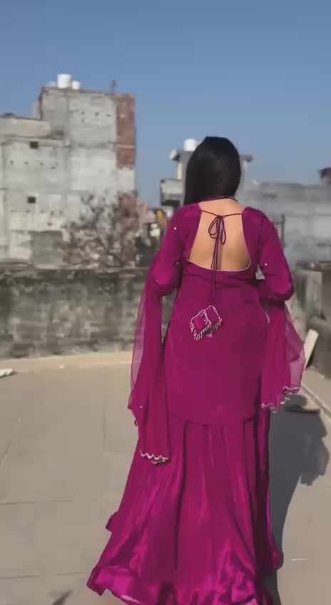 Royal Purple Silk Kurti Set with Embroidered Sharara & Scalloped Dupatta